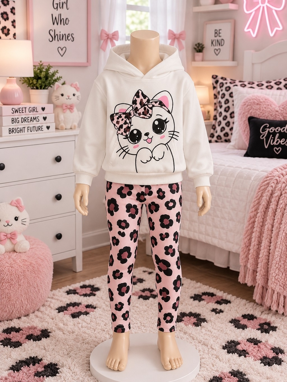 Girls' Cream Hoodie & Pink Leopard Legging Pajama Set